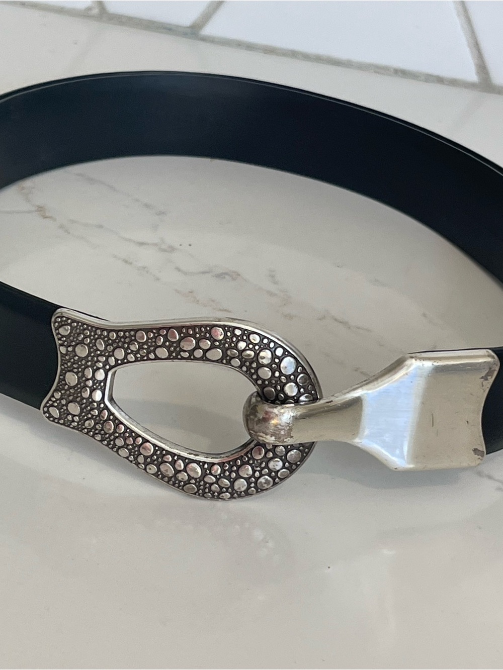 Chico's Black Belt with Decorative Silver-Tone Studded Buckle
